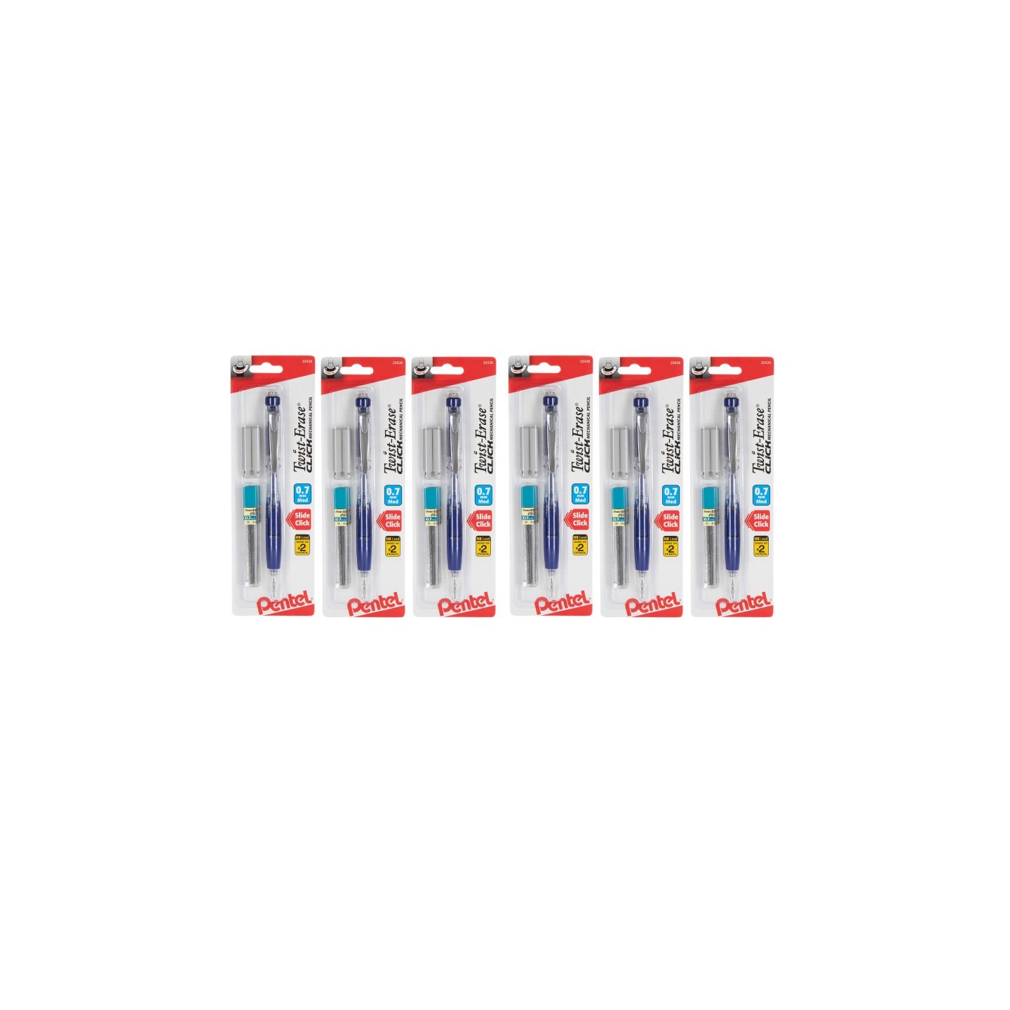 Pentel® Twist-Erase Click Mechanical Pencil (0.7mm) Clear Barrel, 1-Pack with Lead & 2 Erasers, Pack of 6