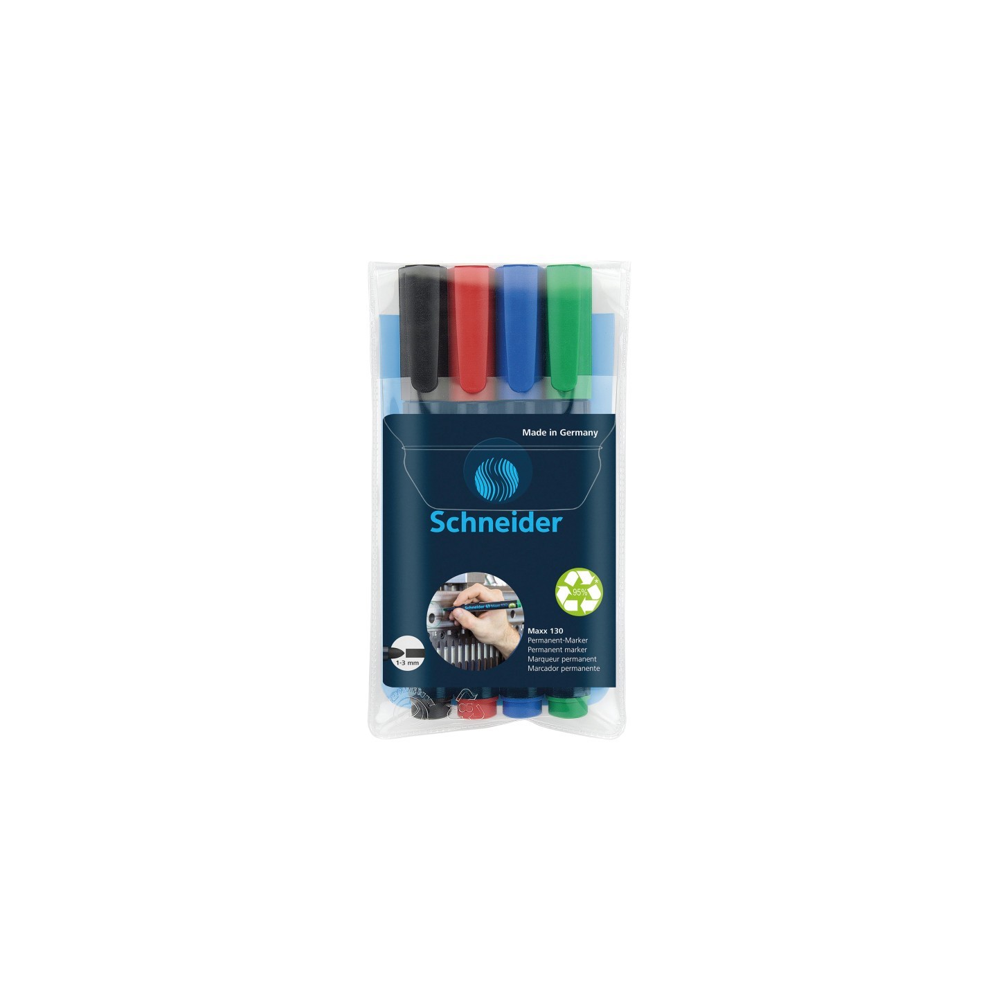Schneider® Maxx 130 Permanent Markers, 1 + 3 mm Bullet Tip, 4 Assorted Ink Colors (Black, Red, Blue, Green)