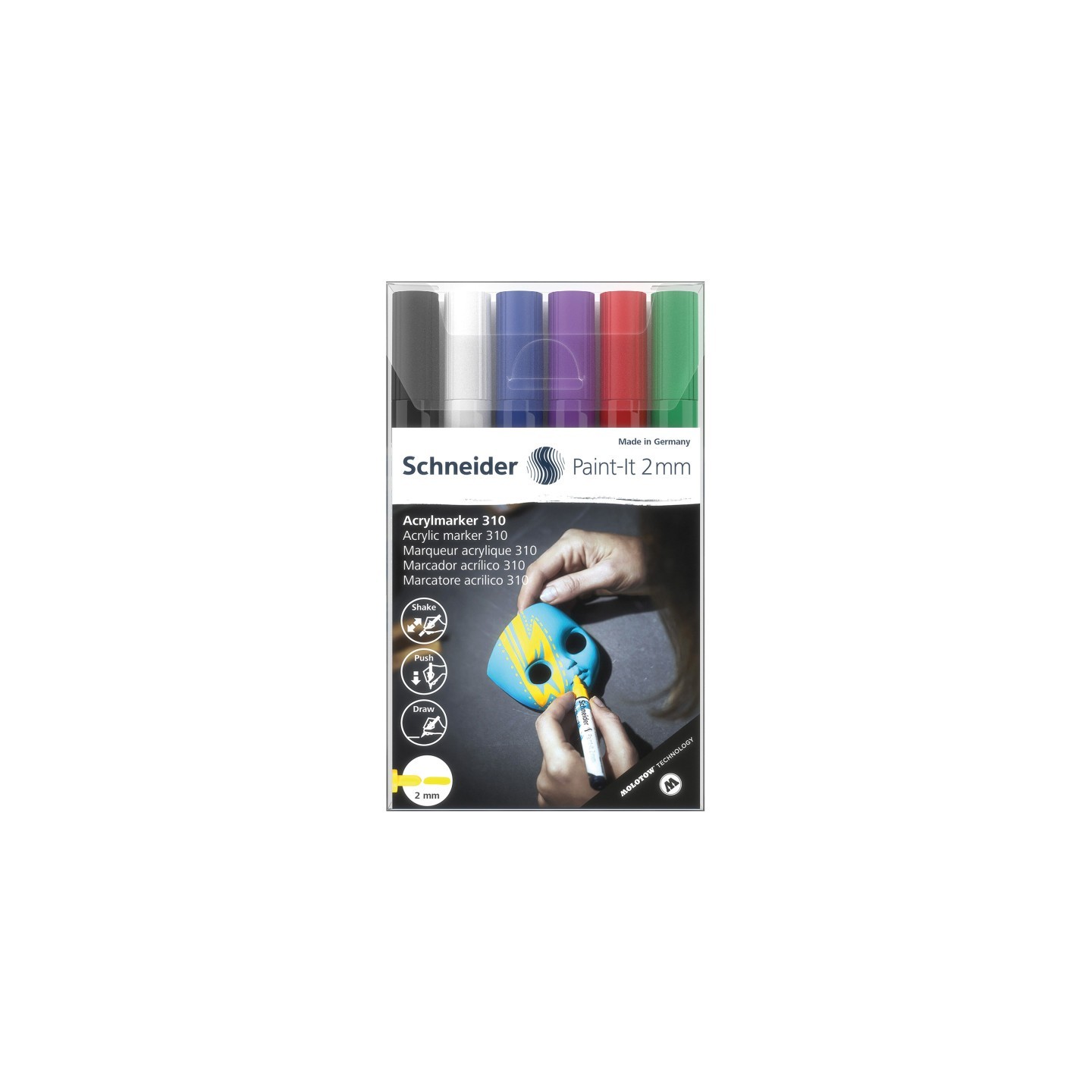 Schneider® Paint-It 310 Acrylic Markers, 2 mm Bullet Tip, Wallet, 6 Assorted Ink Colors