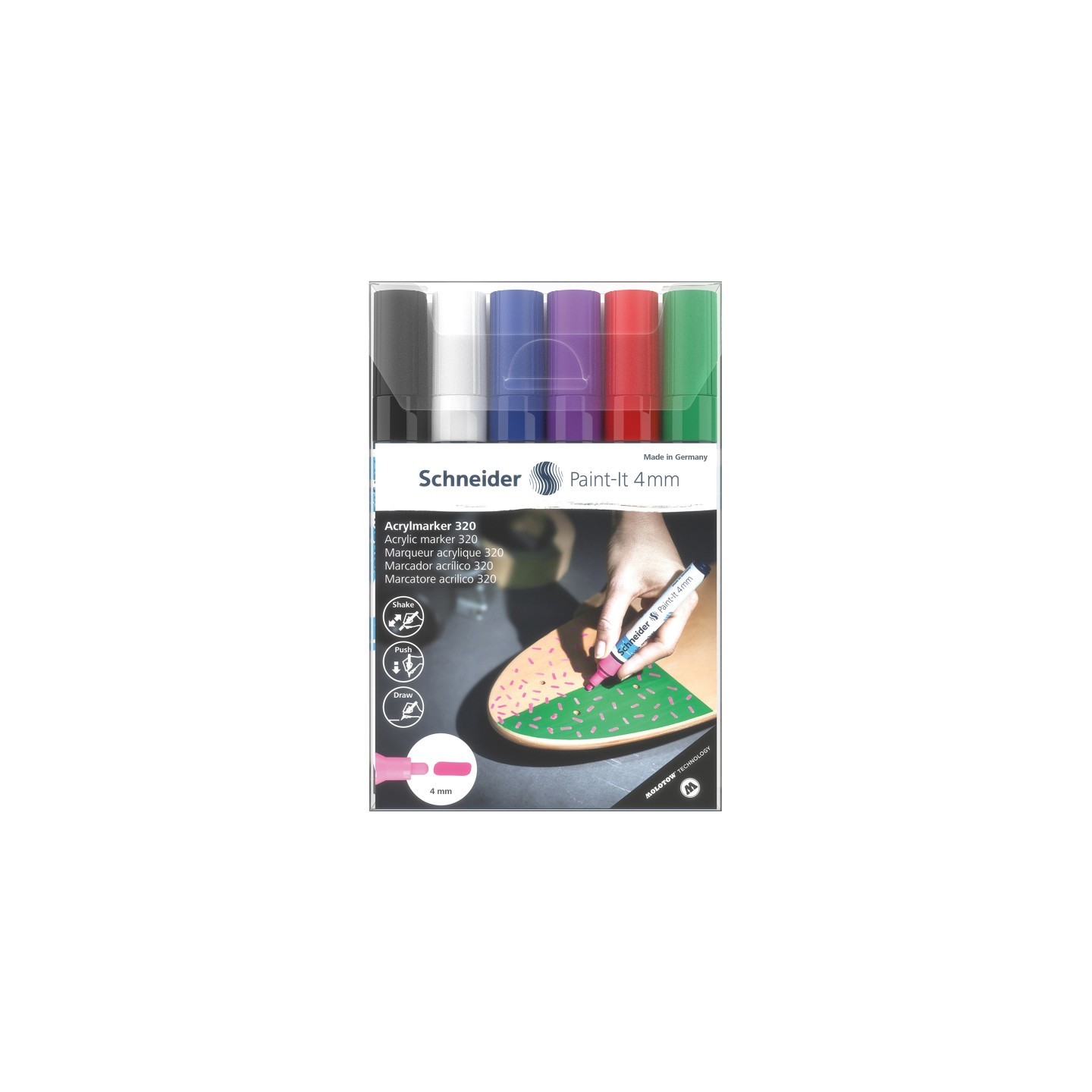 Schneider® Paint-It 320 Acrylic Markers, 4 mm Bullet Tip, Wallet, 6 Assorted Ink Colors