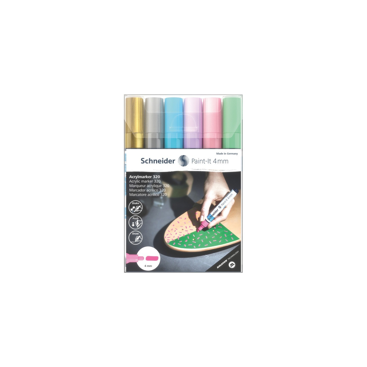 Schneider® Paint-It 320 Acrylic Markers, 4 mm Bullet Tip, Wallet, 6 Assorted Pastel Ink Colors