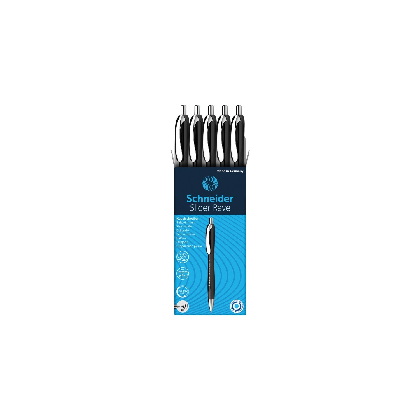 Schneider® Slider Rave XB Retractable Ballpoint Pens, Black Barrel/Blue Ink, Box of 5
