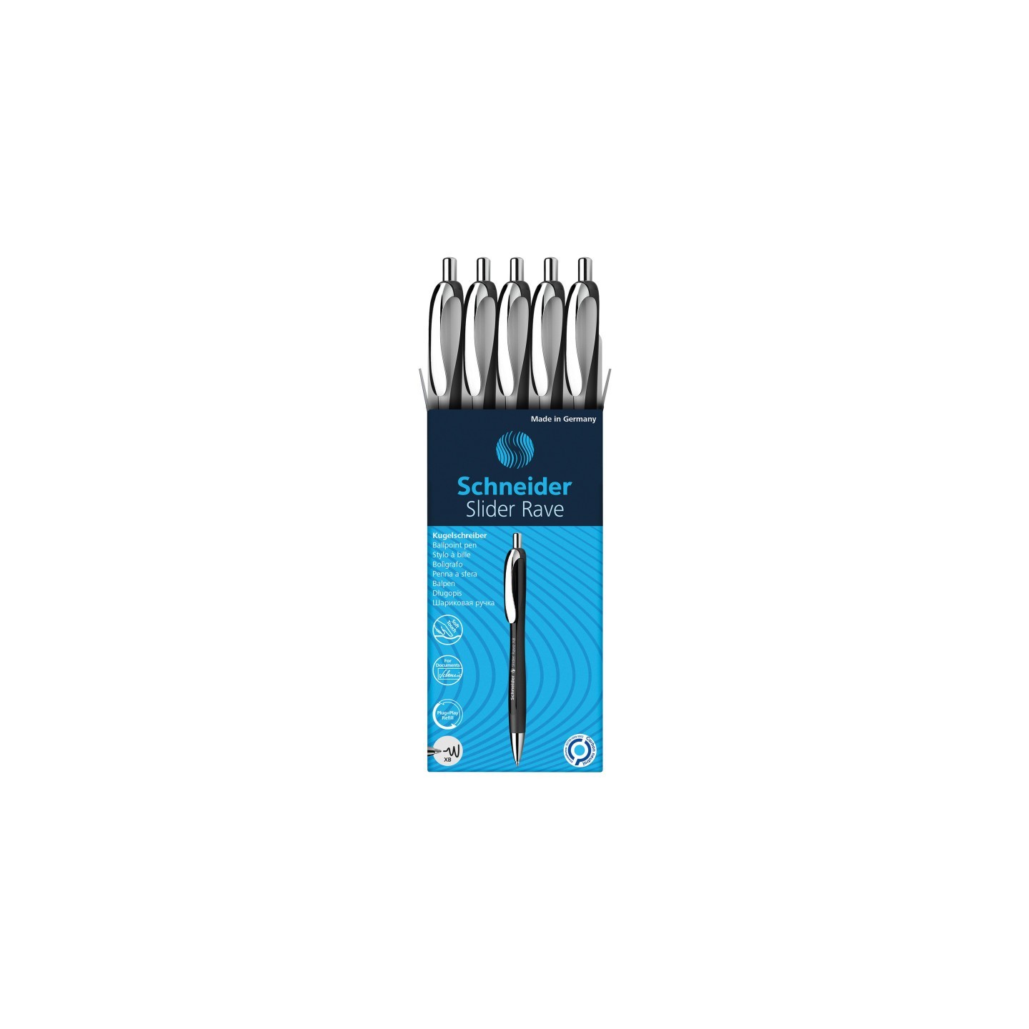 Schneider® Slider Rave XB Retractable Ballpoint Pens, White-Black Barrel/Blue Ink, Box of 5