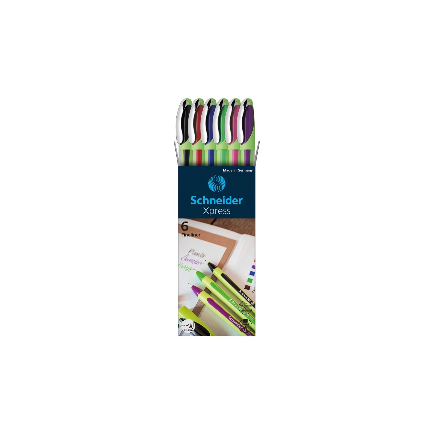 Schneider® Xpress Fineliner Pens, 0.8 mm, 6-Color Assortment (Black, Red, Blue, Green, Violet, Pink)