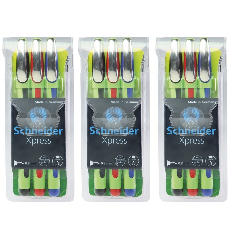 Schneider® Xpress Fineliner Pen, Fiber Tip, 0.8 mm, 3 Colors Per Pack, 3 Packs