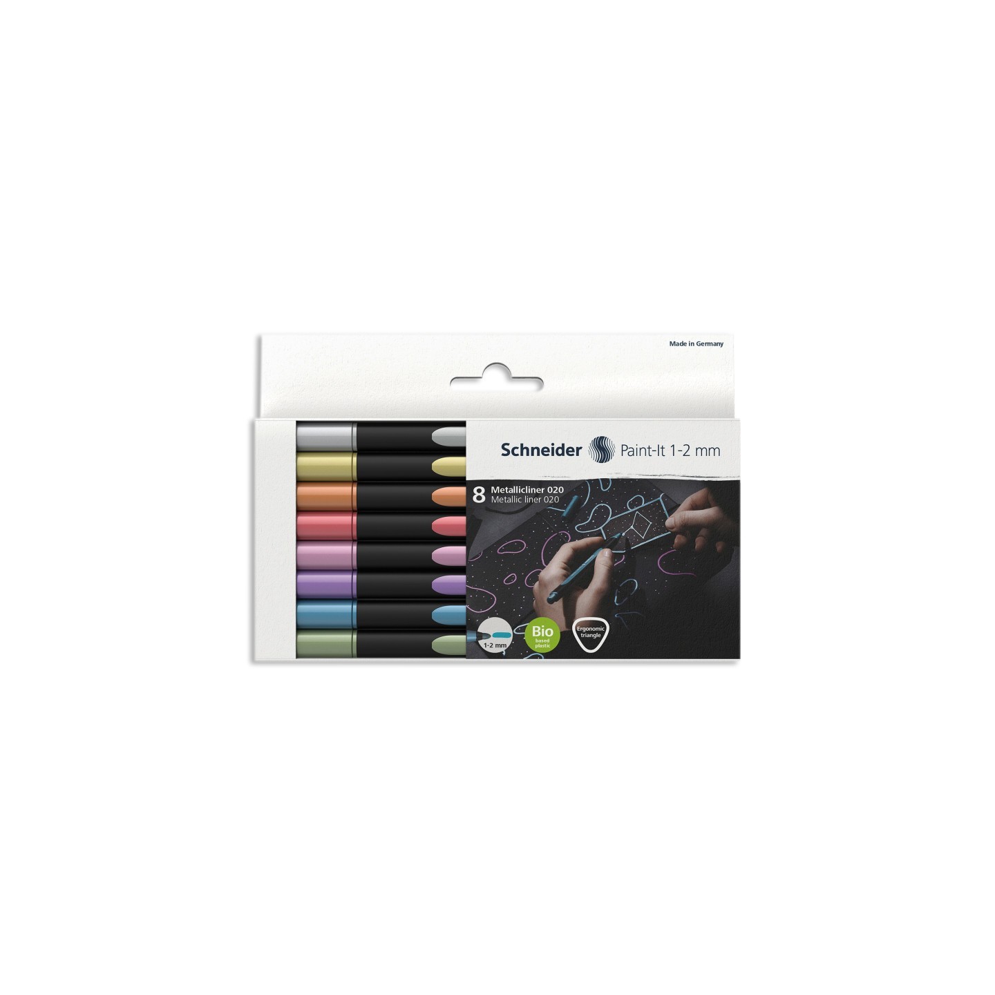 Schneider® Paint-It 020 Metallic Liners, 1-2 mm Tip, Wallet, 8 Assorted Ink Colors