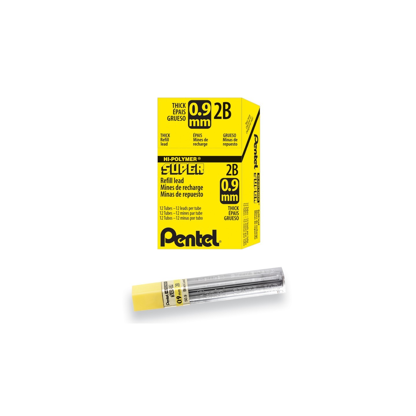 Pentel® Super Hi-Polymer Lead Refill (0.9mm) Thick, 2B, 15 Pieces/Tube, 12 Tubes/Box
