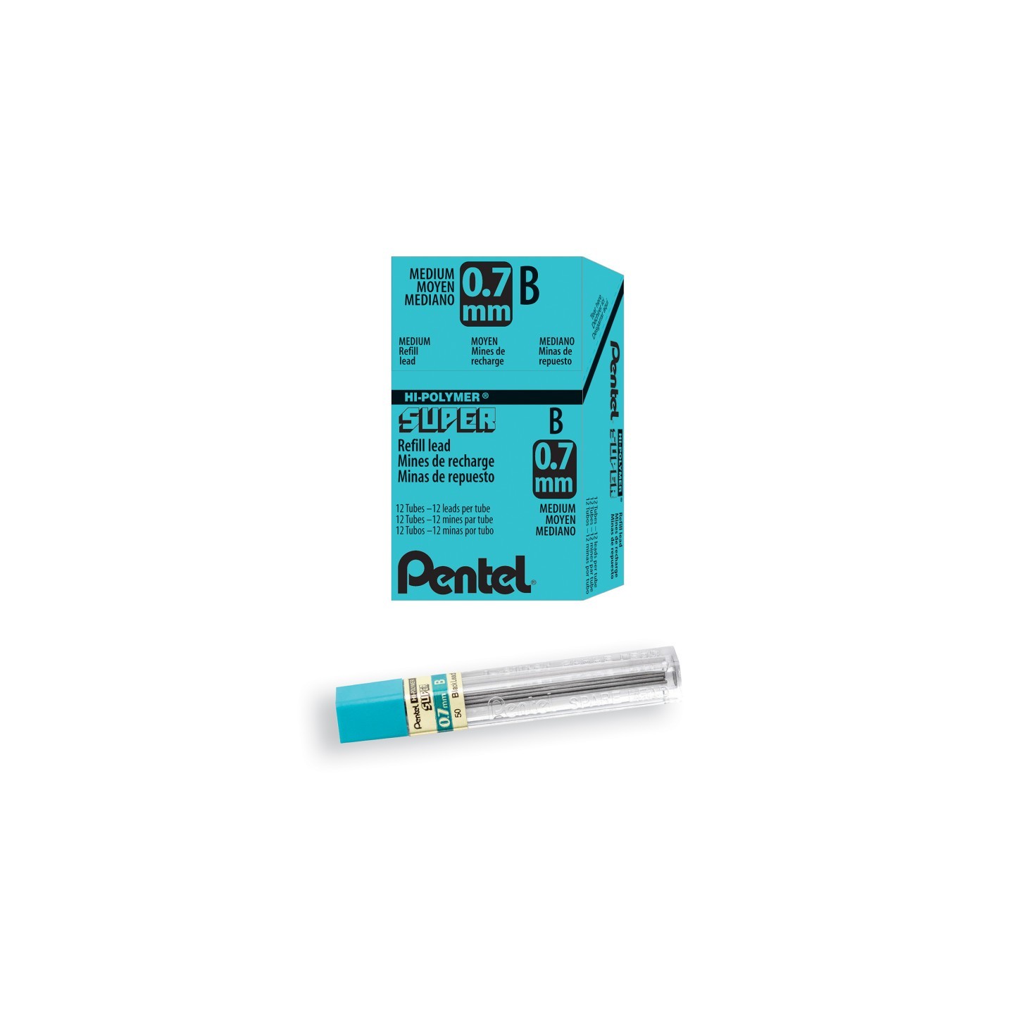 Pentel® Super Hi-Polymer Lead Refill (0.7mm) Medium, B, 12 Pieces/Tube, 12 Tubes/Box