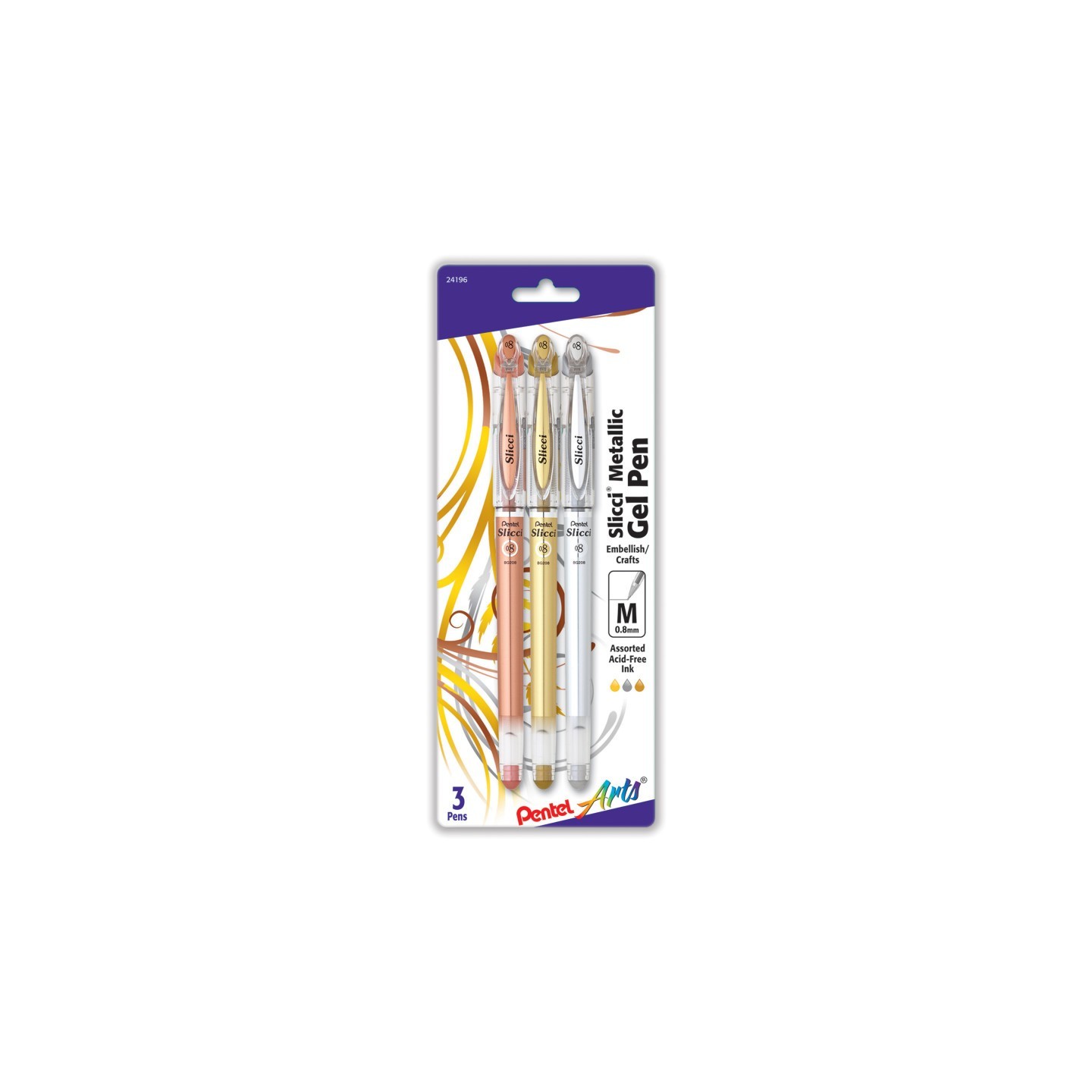 Pentel Arts Slicci Metallic Gel Pen, Med 0.8mm Needle Tip, Assorted Ink (E/X/Z), 3 Pack