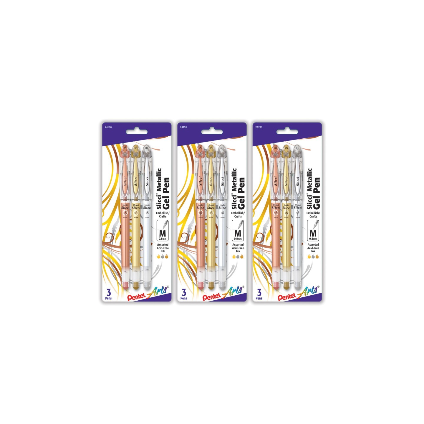 Pentel Arts Slicci Metallic Gel Pen, Med 0.8mm Needle Tip, Assorted Ink (E/X/Z), 3 Per Set, 3 Sets