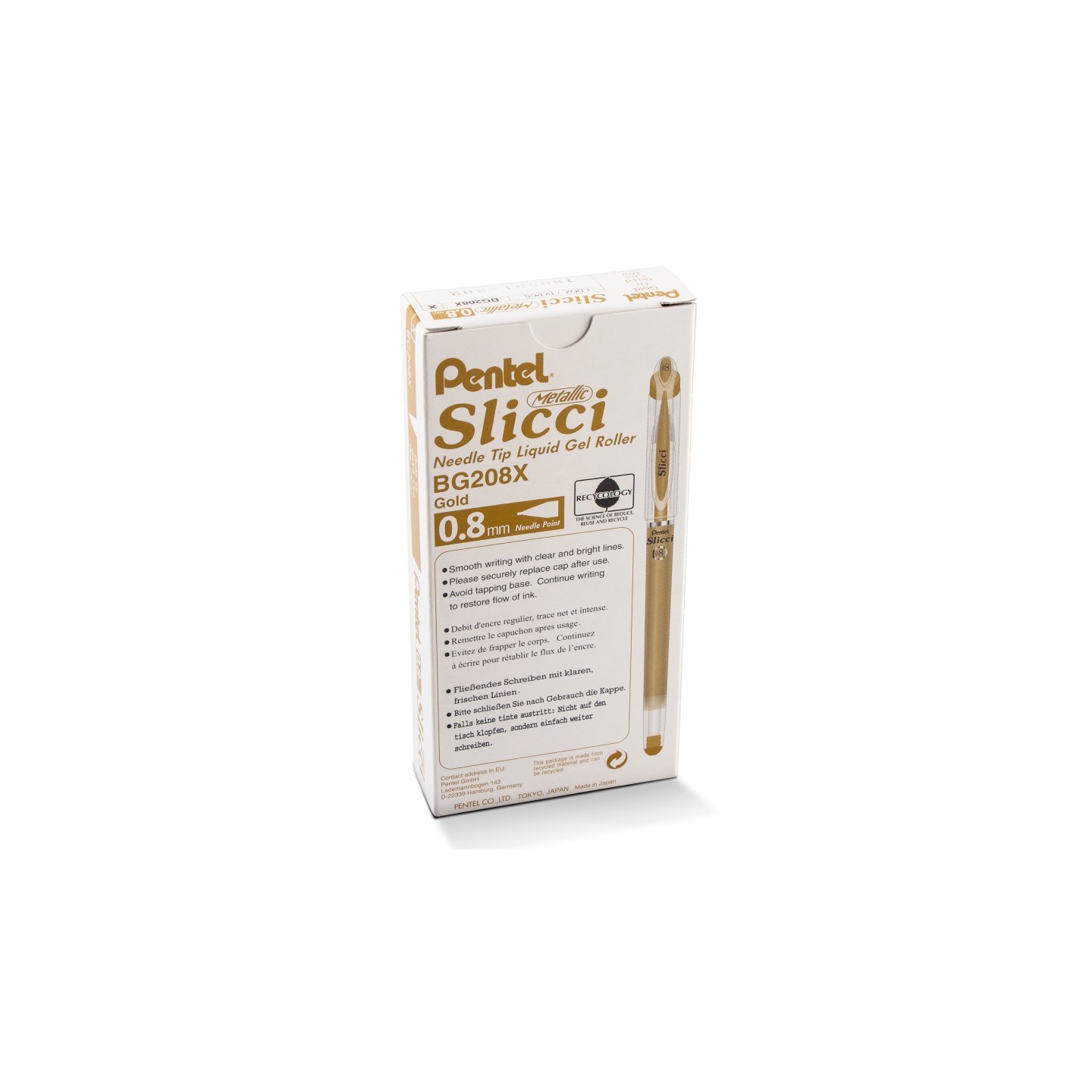 Pentel Arts Slicci METALLIC (0.8mm) Needle Tip Med Gel Pen, Gold Metallic Ink, Pack of 12
