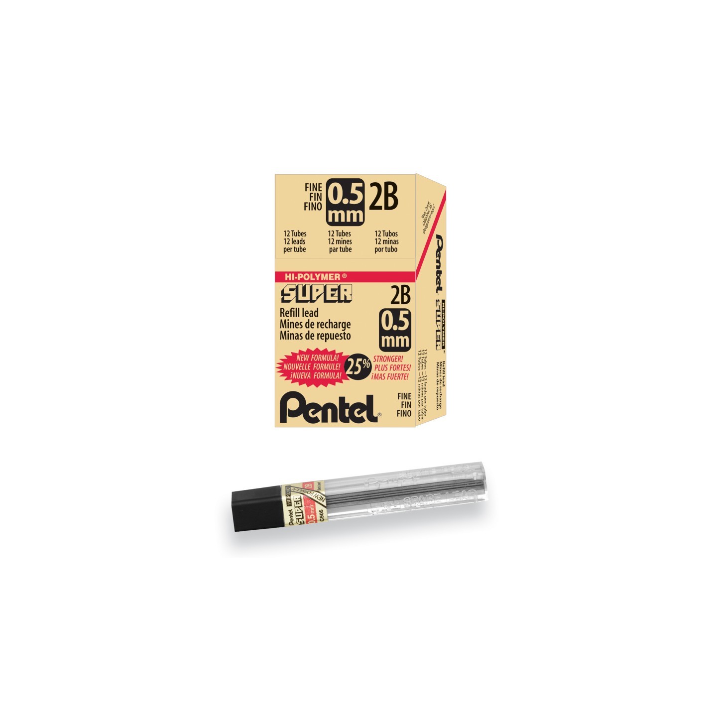 Pentel® Super Hi-Polymer Lead Refill (0.5mm) Fine, 2B, 12 Pieces/Tube, 12 Tubes/Box