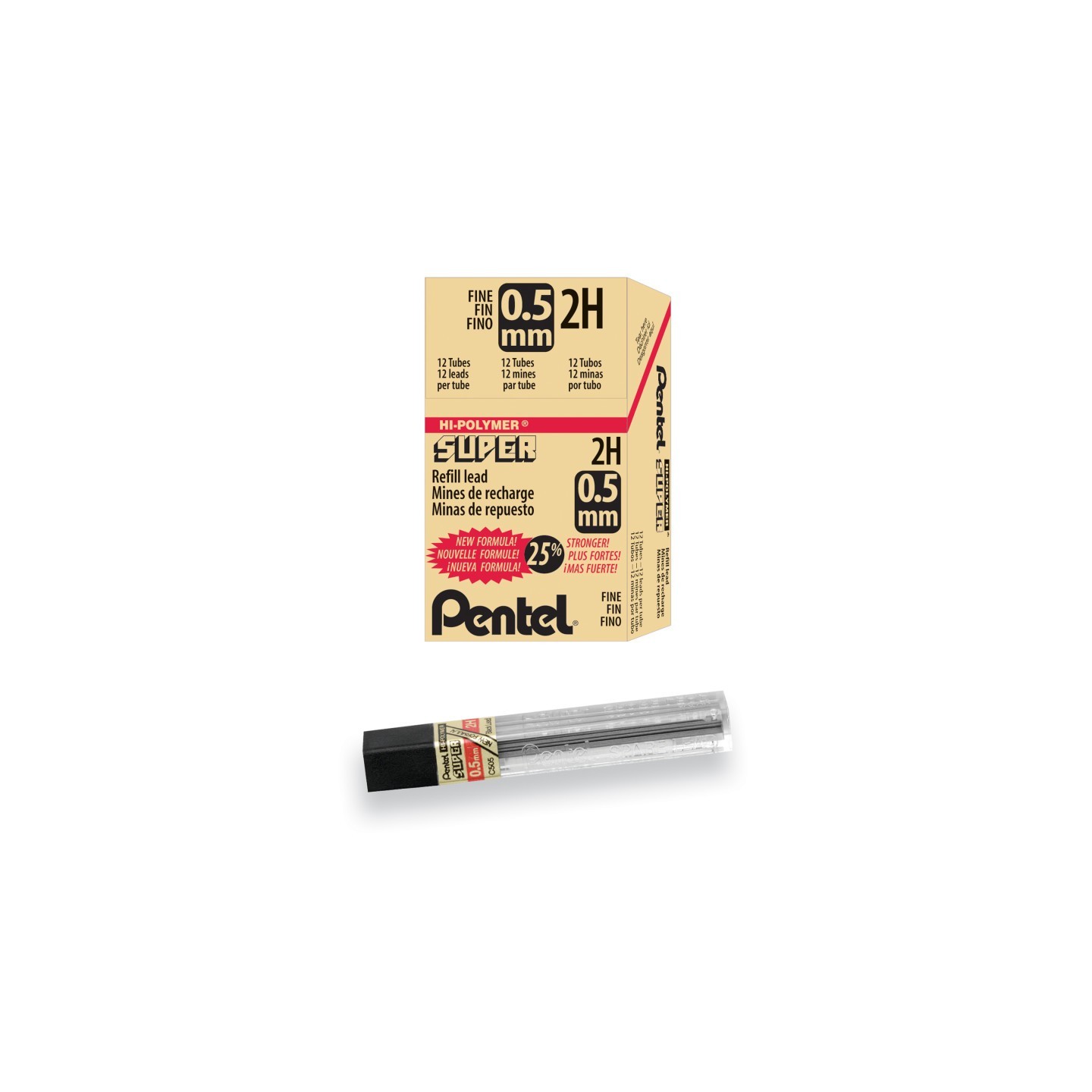 Pentel® Super Hi-Polymer Lead Refill (0.5mm) Fine, 2H, 12 Pieces/Tube, 12 Tubes/Box