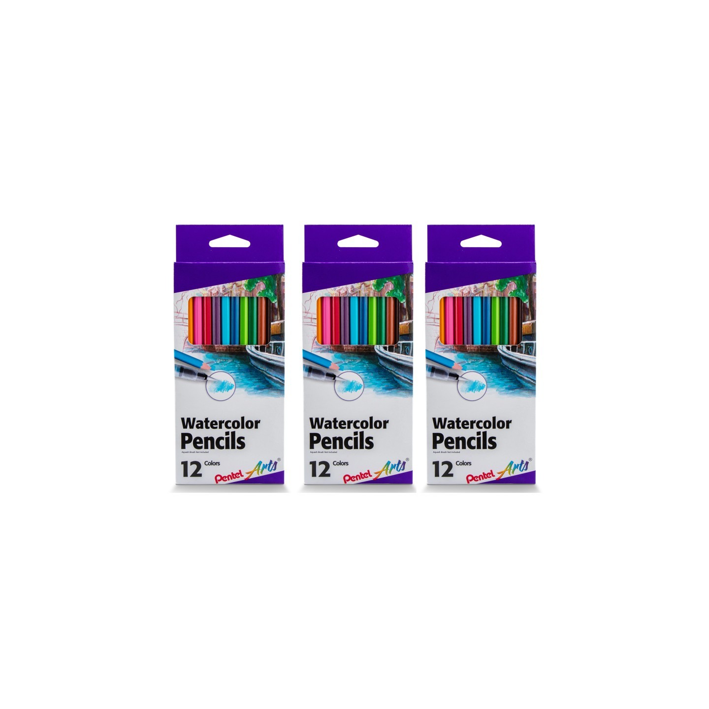 Pentel Arts Watercolor Pencil Set, Assorted Colors, 12 Per Set, 3 Sets