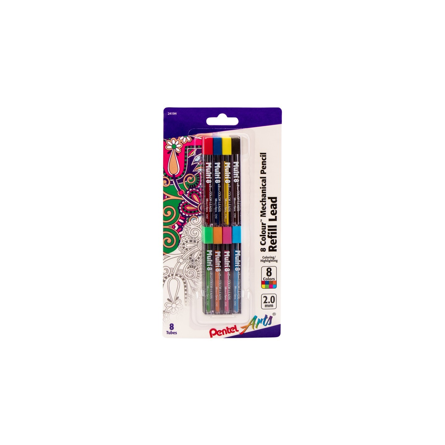 Pentel Arts 8 Color Pencil Lead Refill (2.0mm), Assorted Colors, 8-Pack