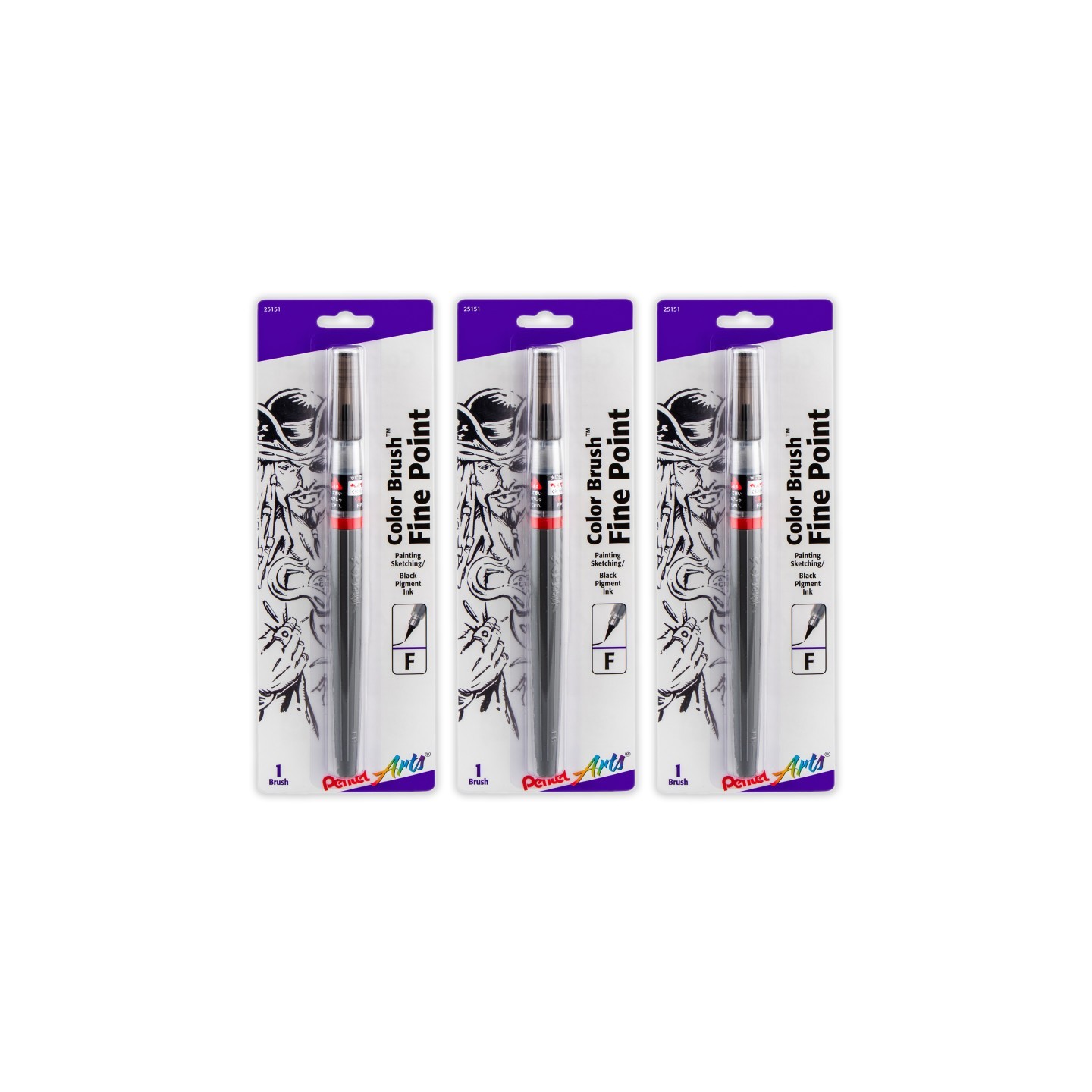 Pentel Arts Color Brush with Pigment Ink, Fine Tip, Black, Pack of 3