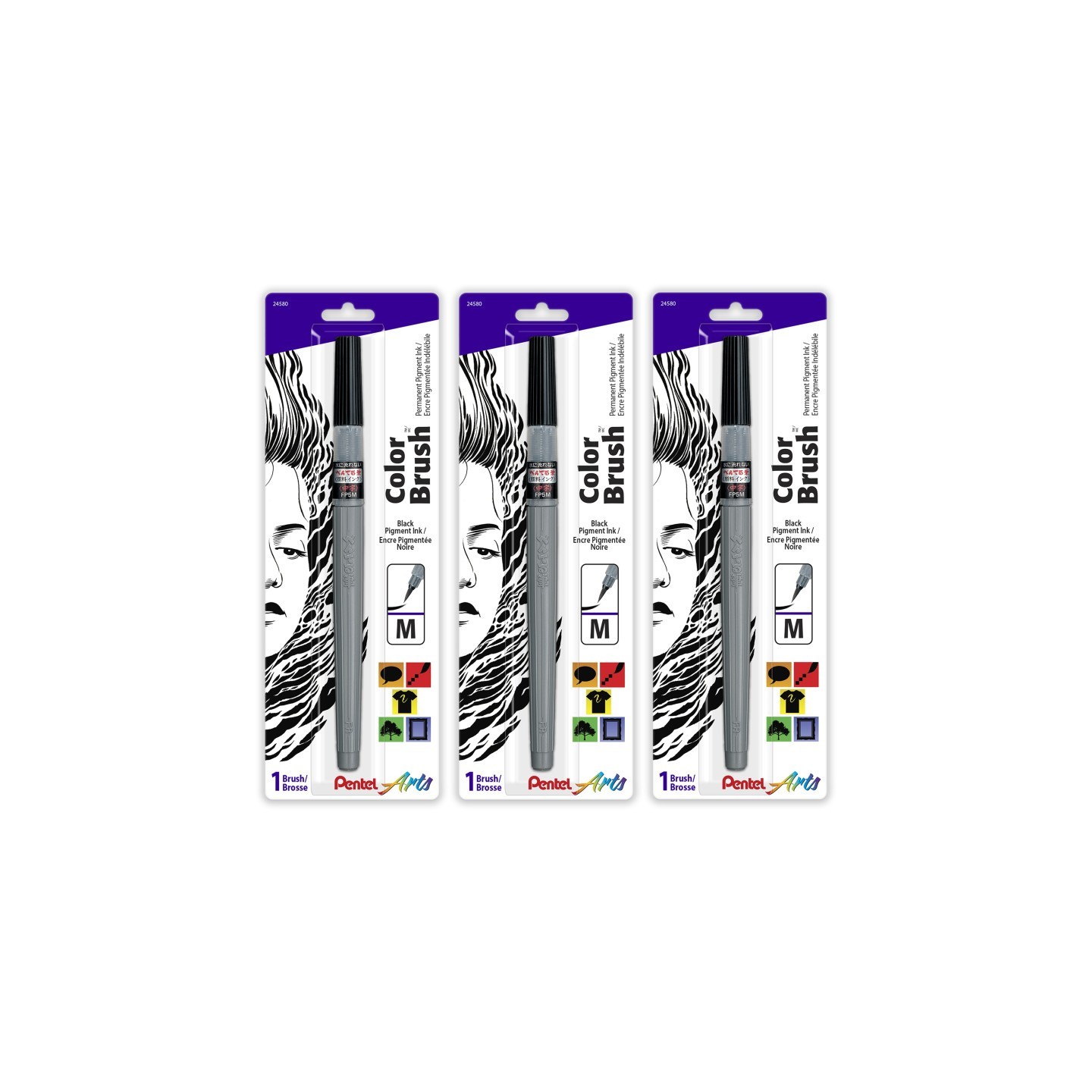 Pentel Arts Color Brush with Pigment Ink, Medium Tip, Black, Pack of 3