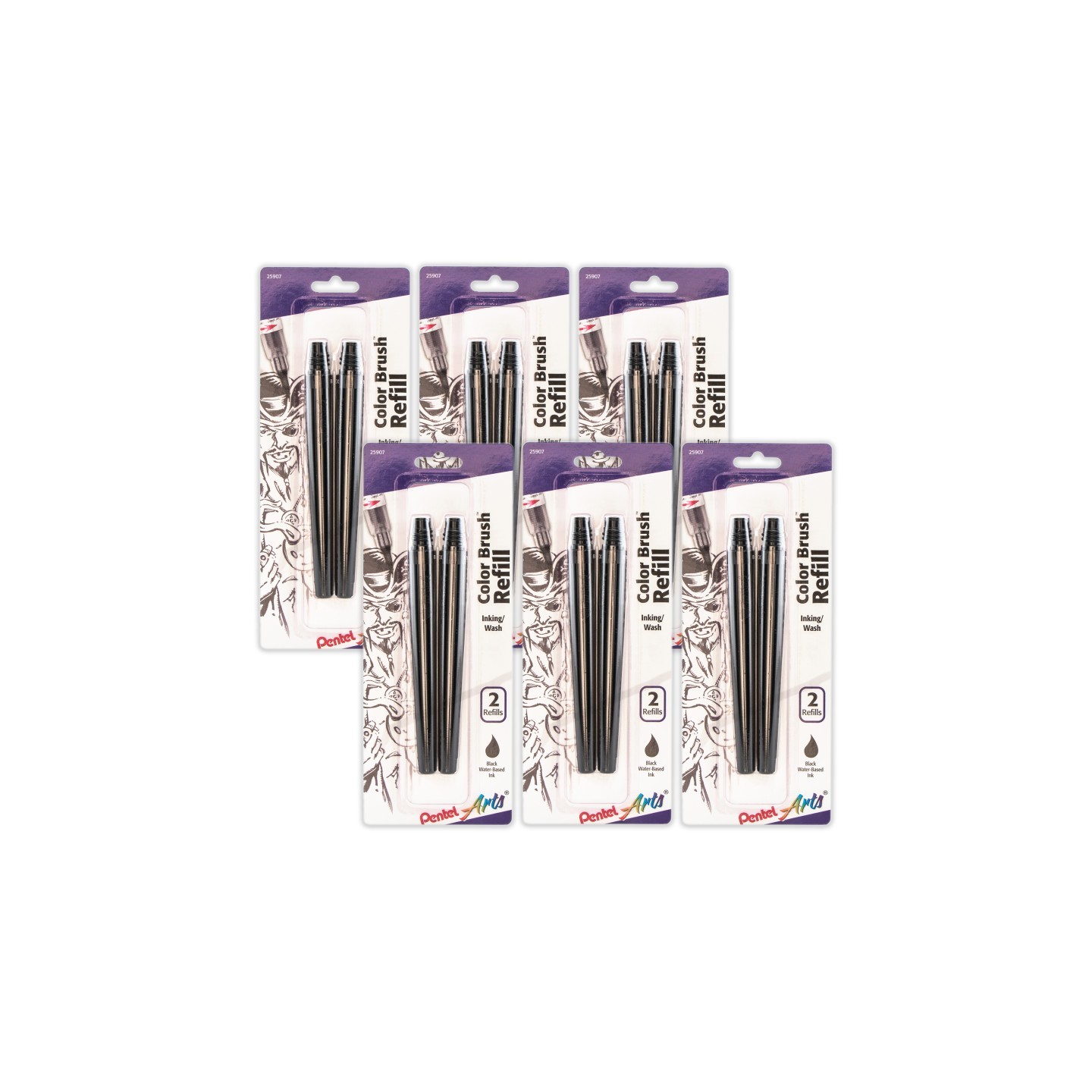 Pentel Arts Color Brush Water-Based Ink Refills, Black Ink, 2 Per Pack, 6 Packs