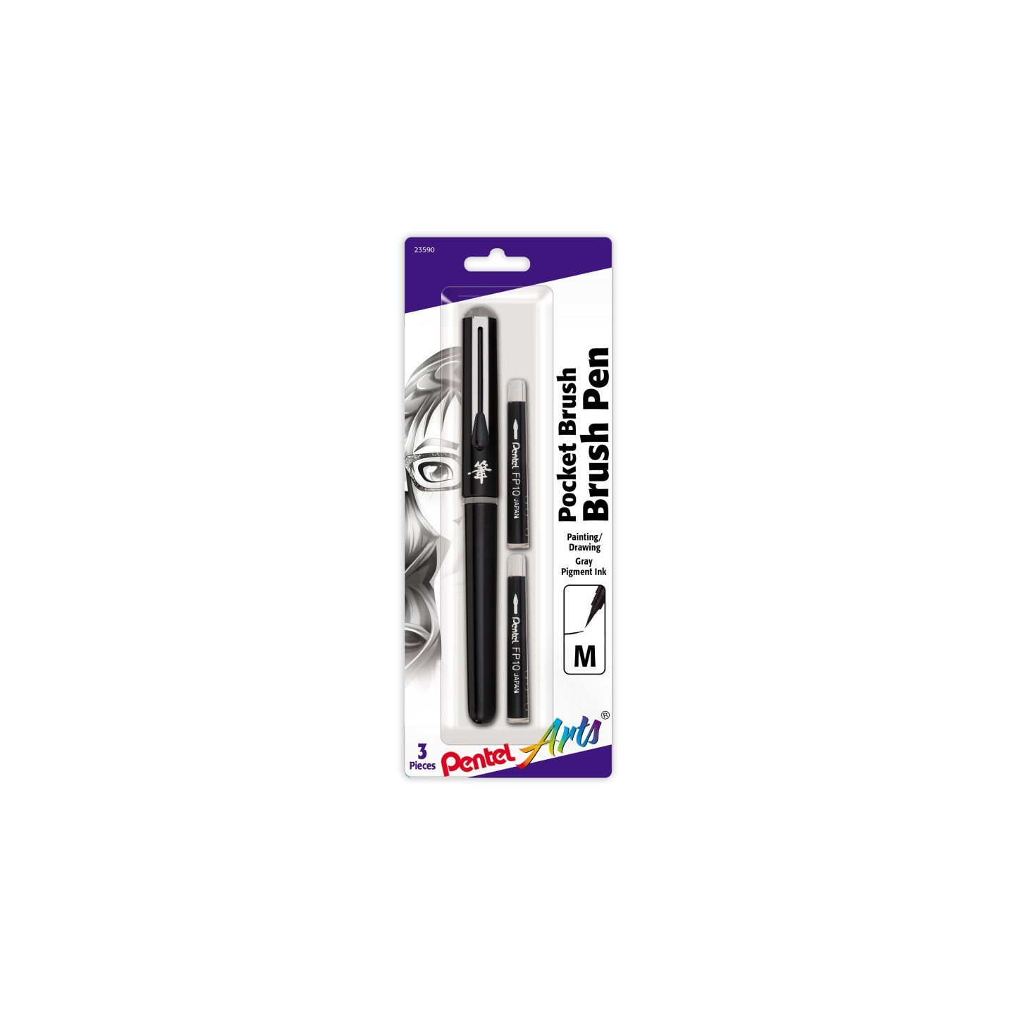 Pentel Arts Pocket Brush Pen with 2 Gray Refills
