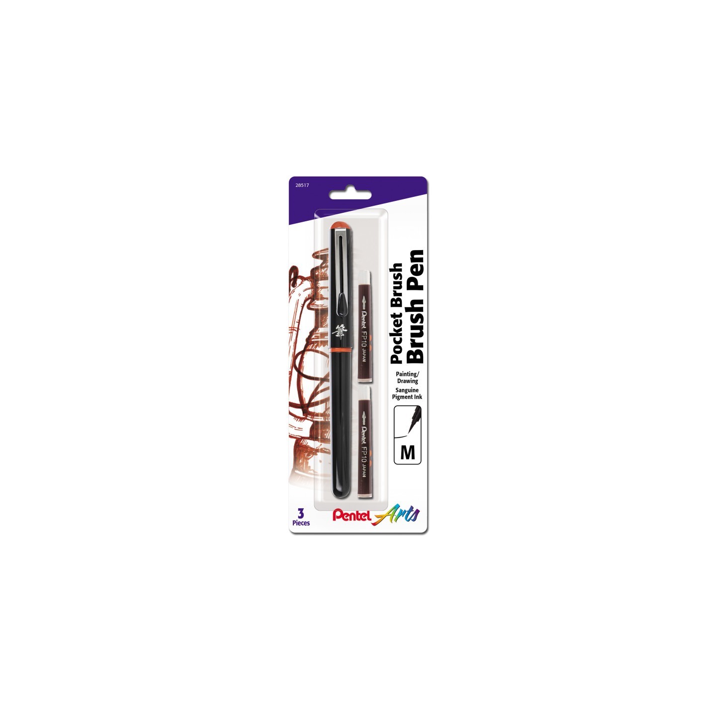 Pentel Arts Pocket Brush Pen with 2 Sanguine Refills