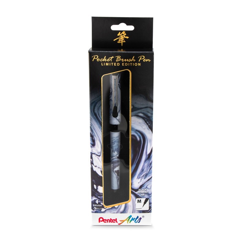 Pentel Arts Limited Edition Pocket Brush Pen with 2 Black Refills, Marble Wrap