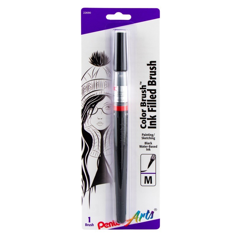 Pentel Arts Color Brush with Water-Based Ink, Medium Tip, Black, 1-Pack