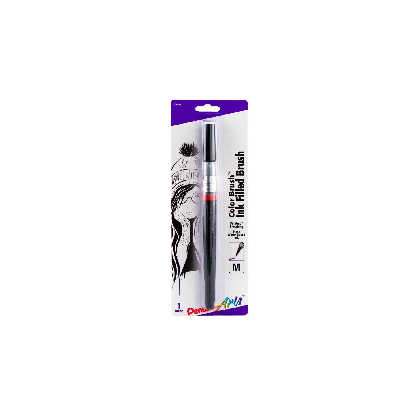 Pentel Arts Color Brush with Water-Based Ink, Medium Tip, Black, 1-Pack