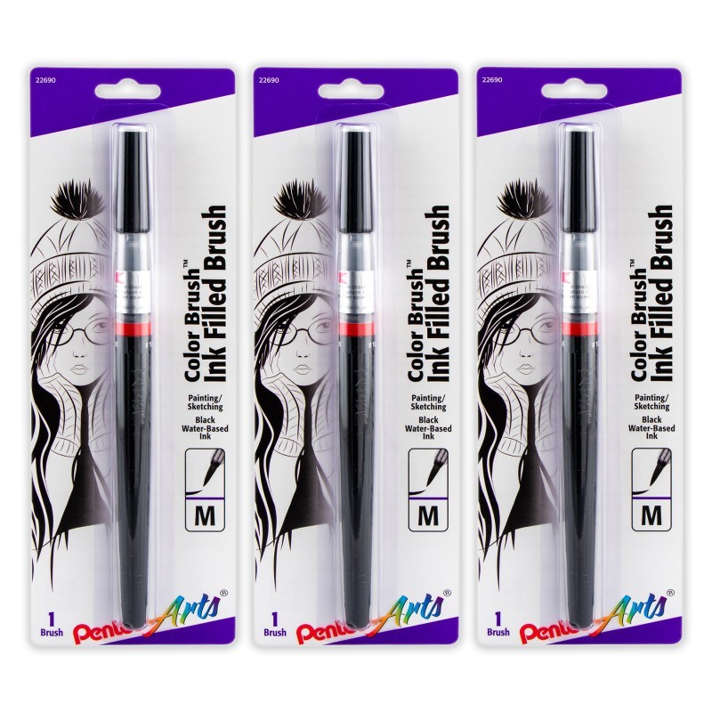 Pentel Arts Color Brush with Water-Based Ink, Medium Tip, Black, Pack of 3