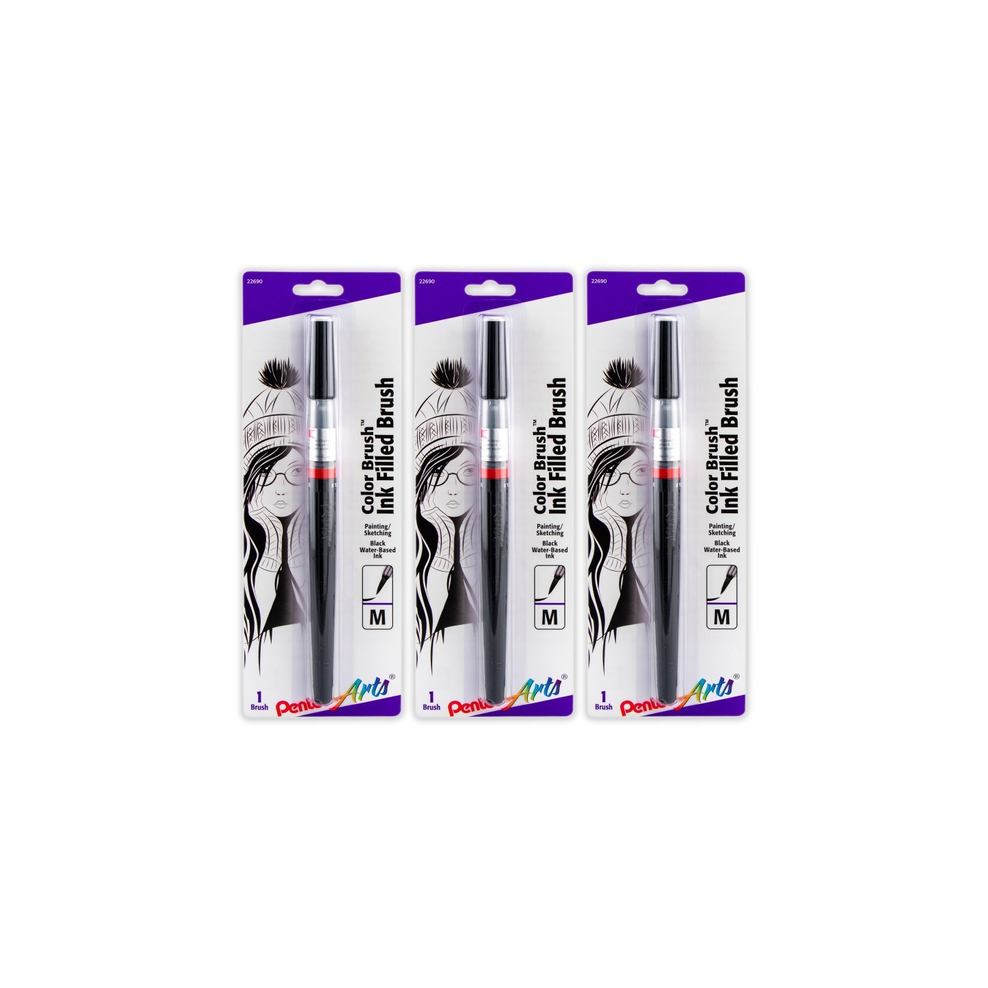 Pentel Arts Color Brush with Water-Based Ink, Medium Tip, Black, Pack of 3