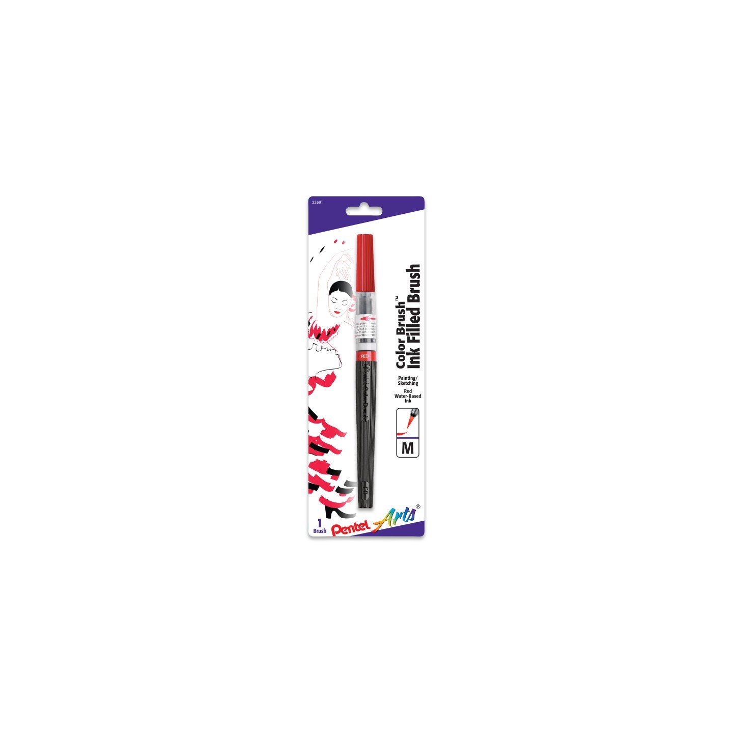 Pentel Arts Color Brush with Water-Based Ink, Medium Tip, Red, 1-Pack