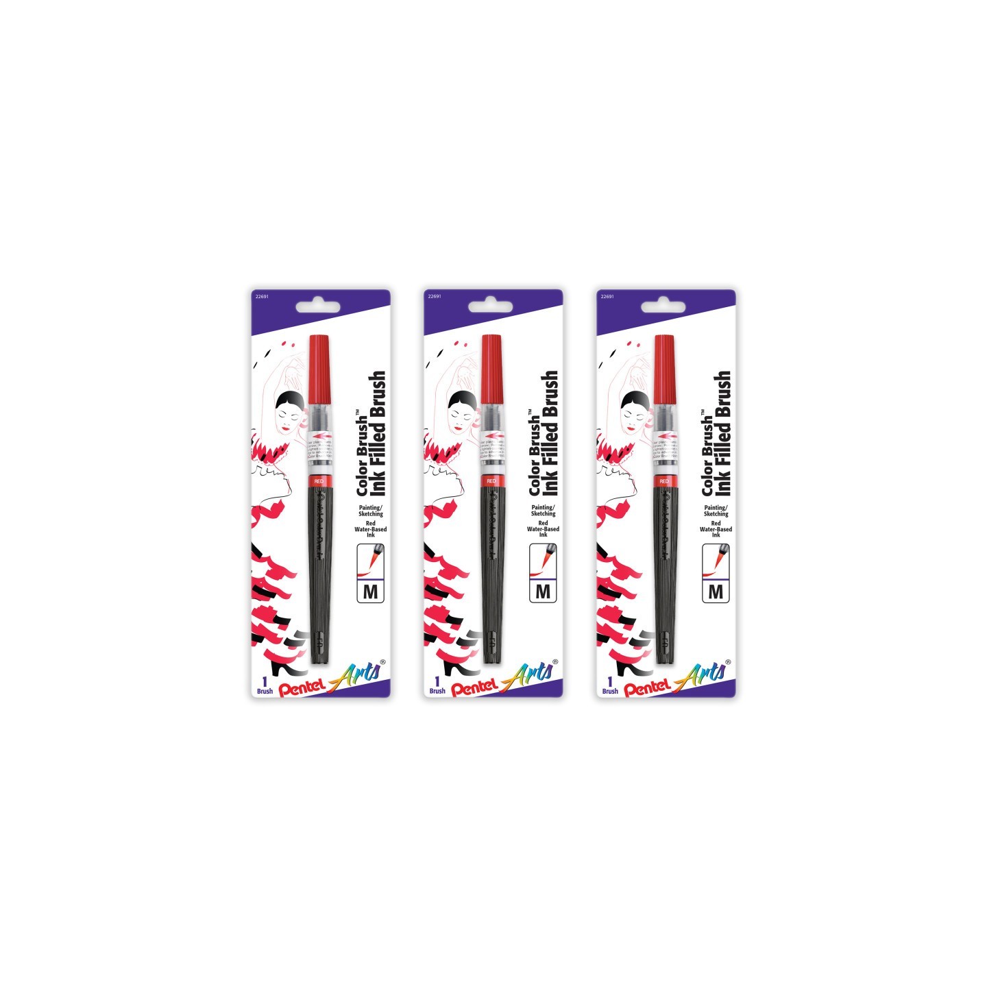 Pentel Arts Color Brush with Water-Based Ink, Medium Tip, Red, Pack of 3