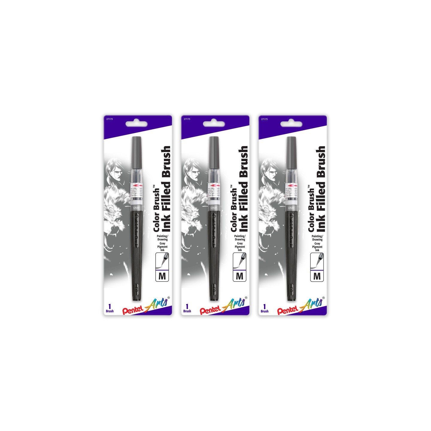 Pentel Arts Color Brush with Water-Based Ink, Medium Tip, Gray, Pack of 3