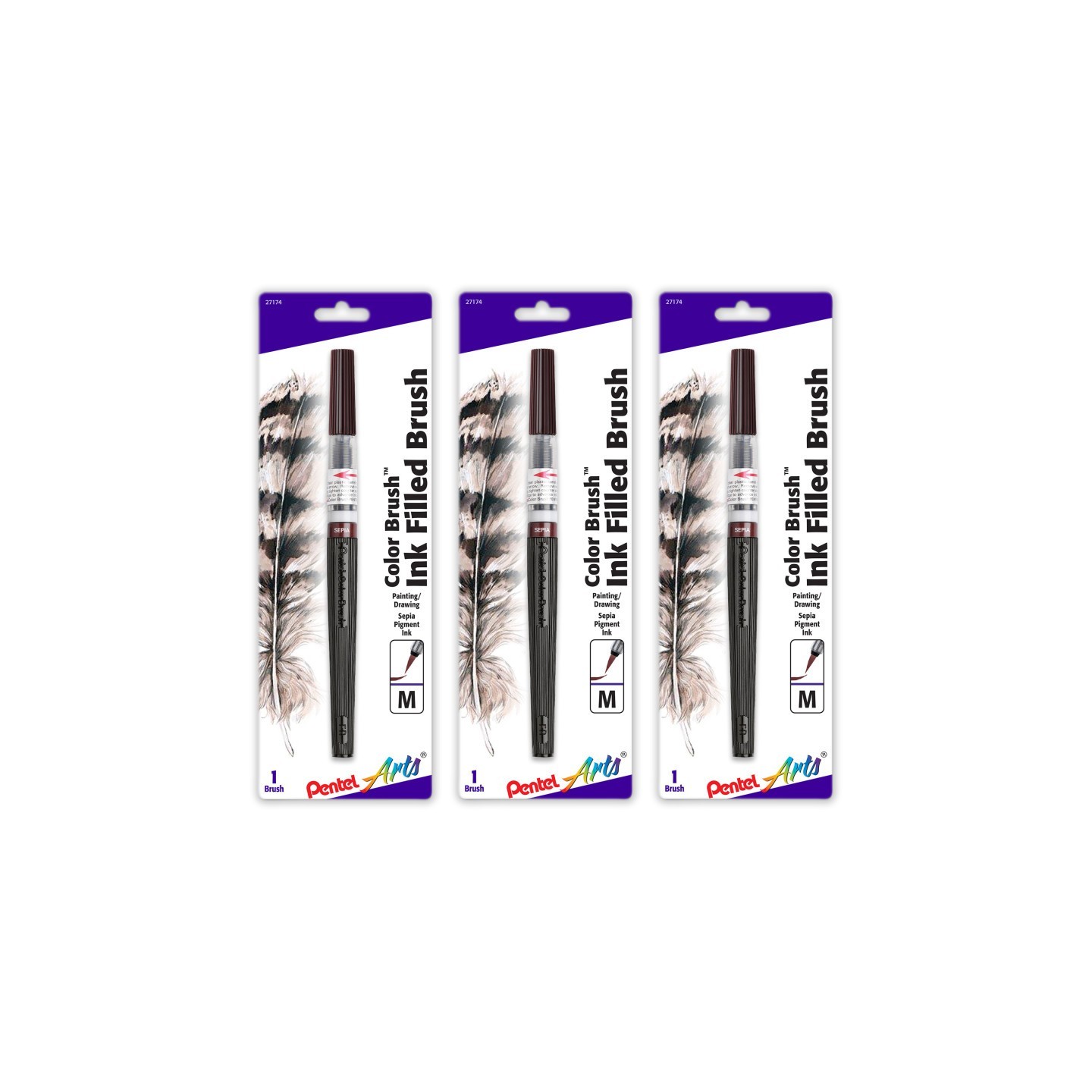 Pentel Arts Color Brush with Water-Based Ink, Medium Tip, Sepia, Pack of 3