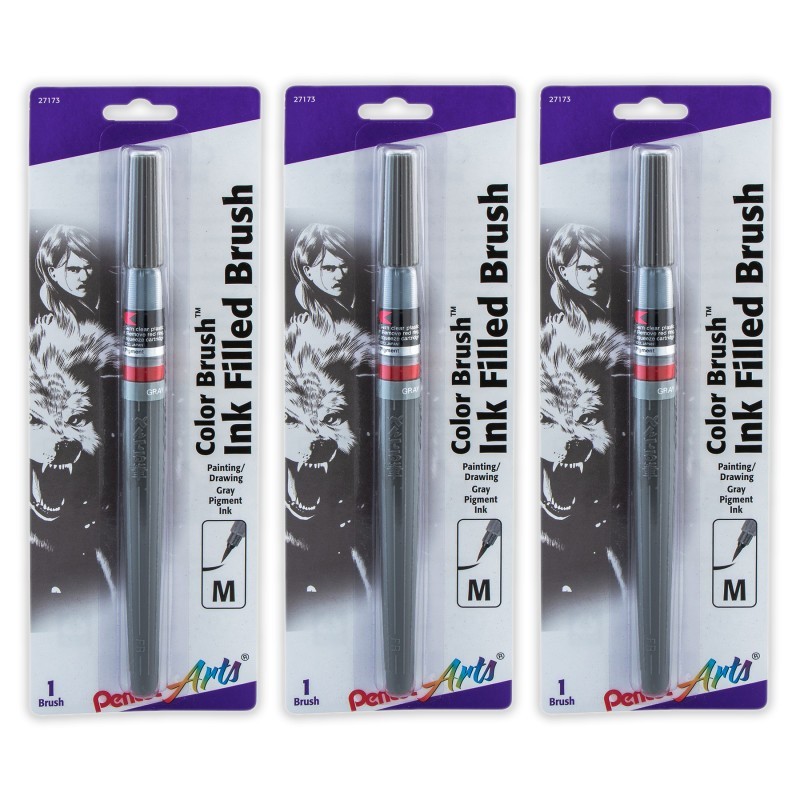 Pentel Arts Color Brush with Pigment Ink, Medium Tip, Gray, Pack of 3