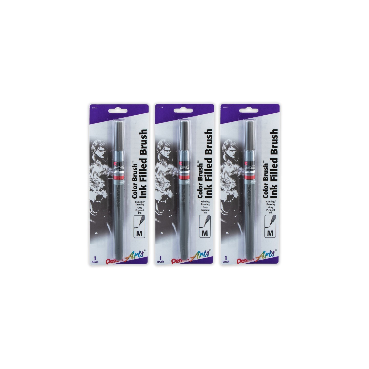 Pentel Arts Color Brush with Pigment Ink, Medium Tip, Gray, Pack of 3