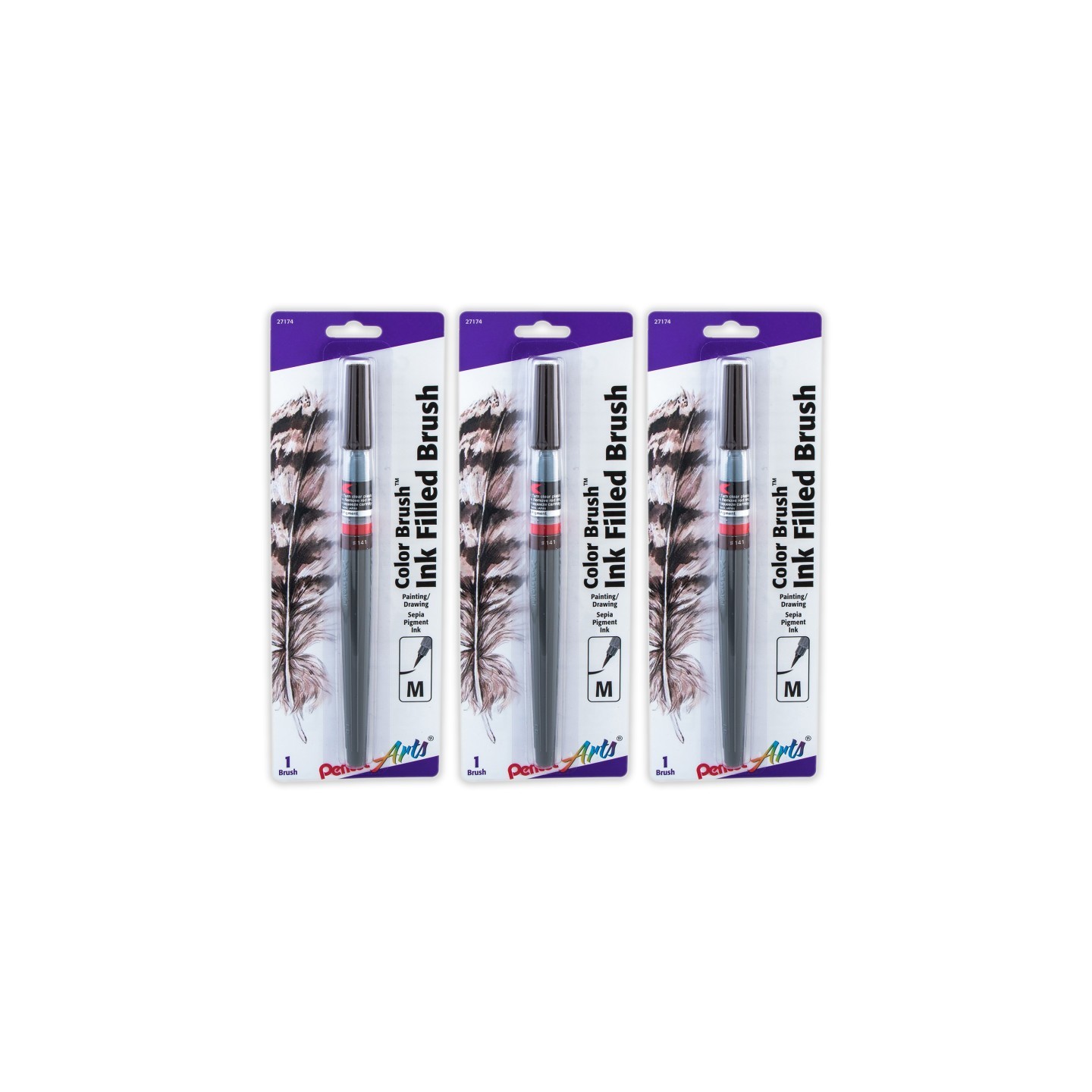 Pentel Arts Color Brush with Pigment Ink, Medium Tip, Sepia, Pack of 3