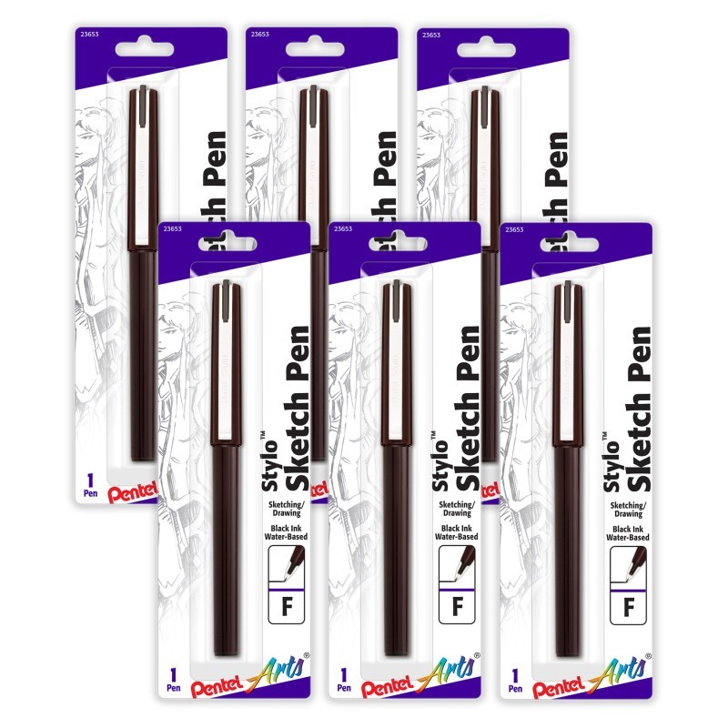 Pentel Arts Stylo Sketch Pen, Fine Tip, Black Ink, Pack of 6