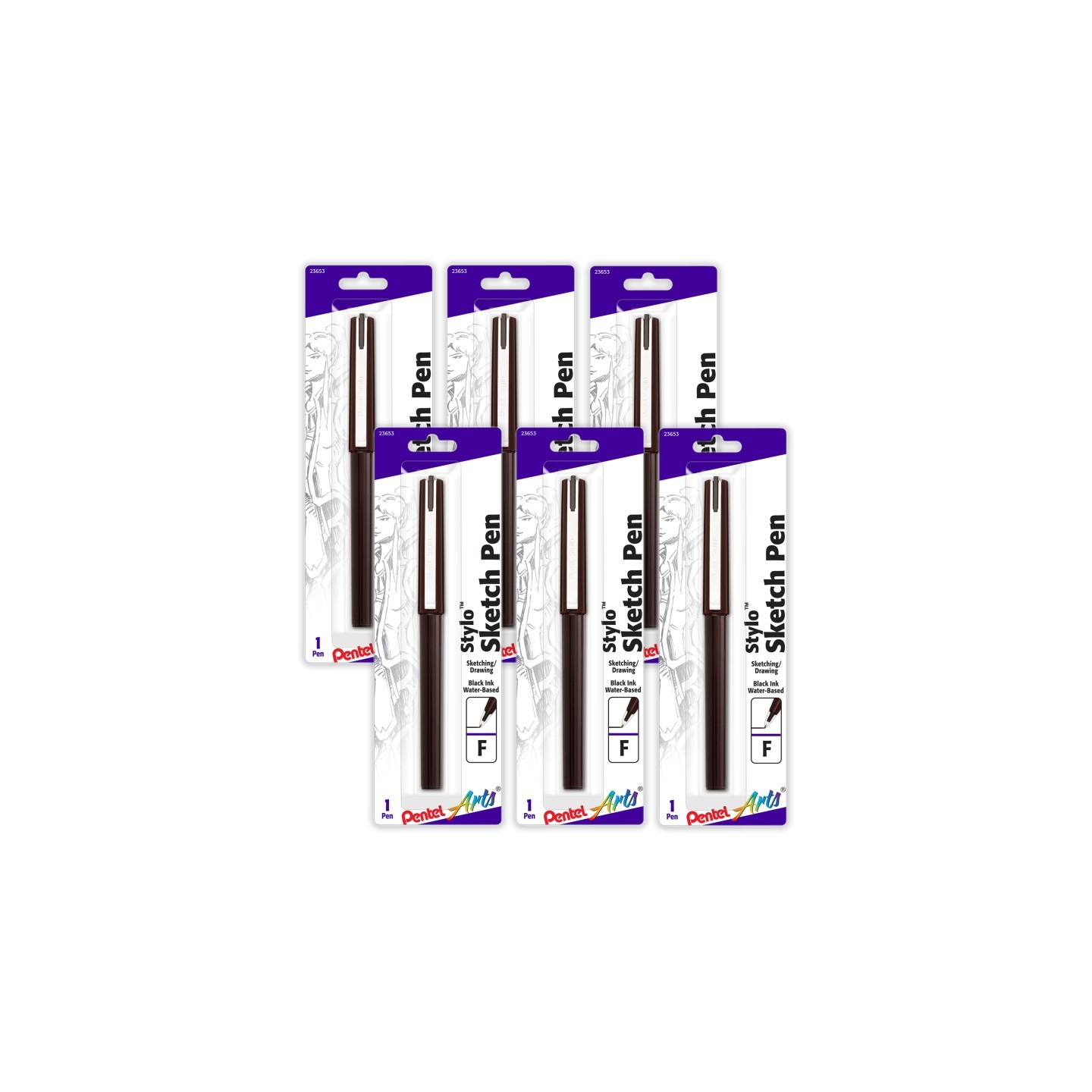 Pentel Arts Stylo Sketch Pen, Fine Tip, Black Ink, Pack of 6