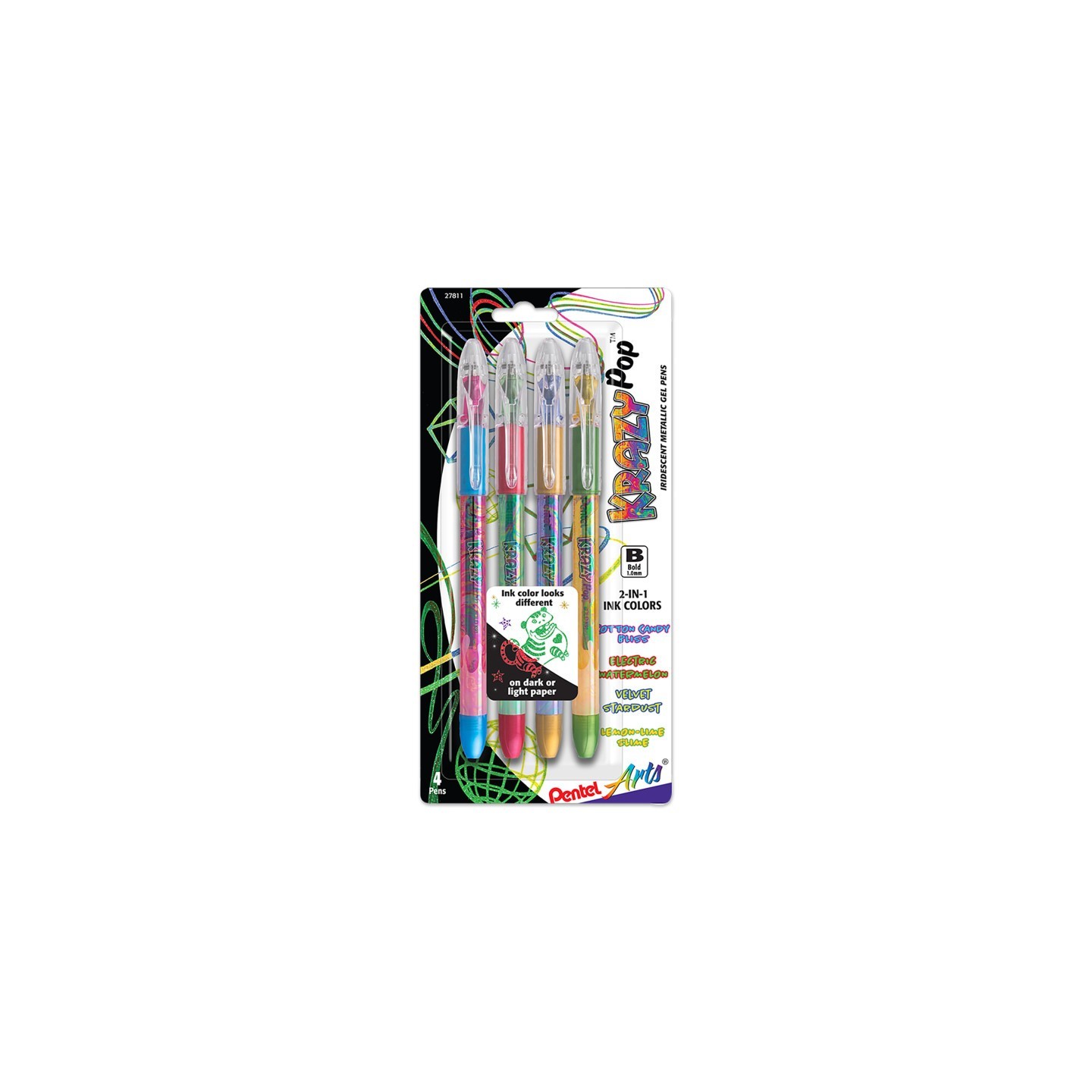 Pentel Arts Krazy Pop Iridescent Gel Pen, 1.0mm Bold line, Assorted Ink (XC/BD/CP/DG), 4-Pack