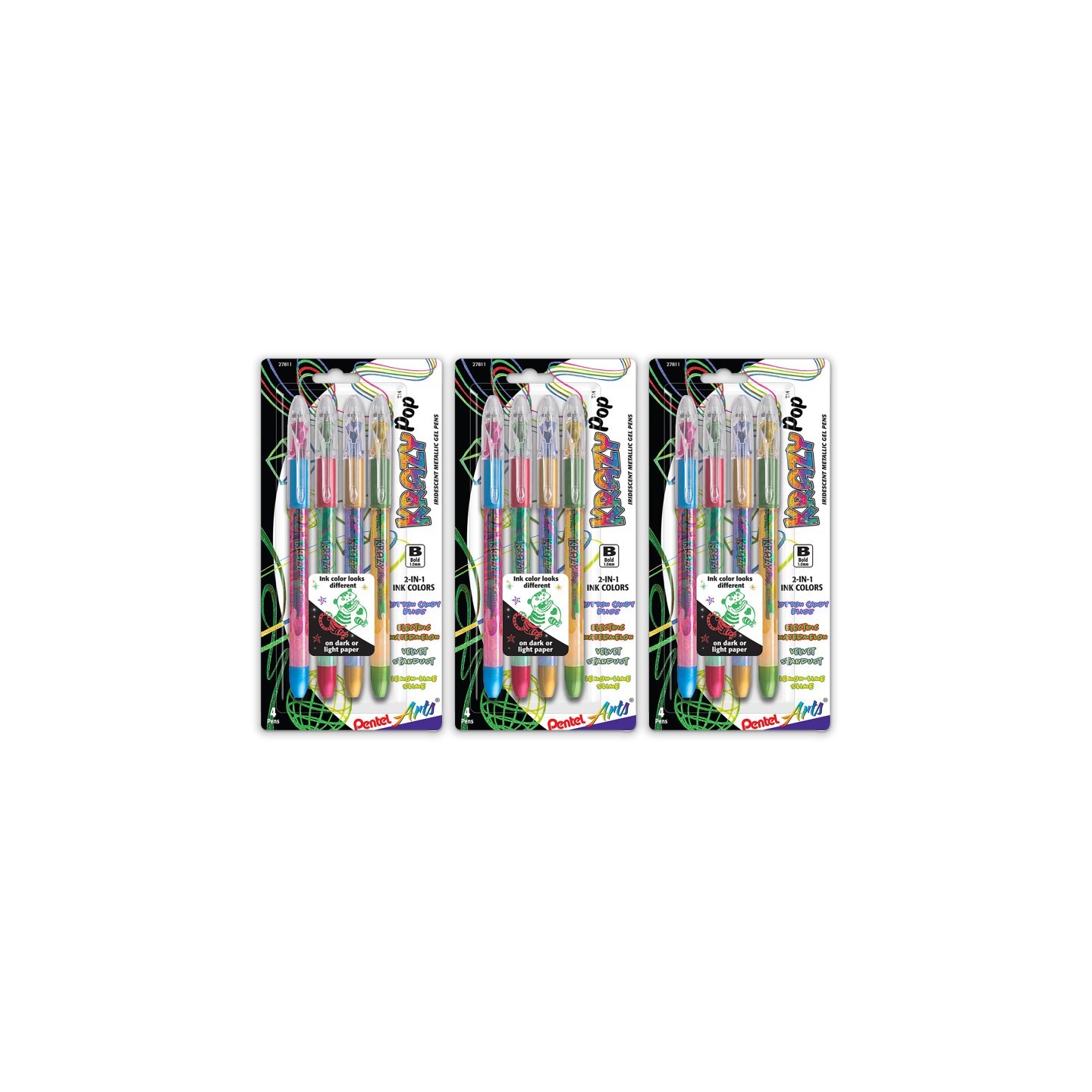 Pentel Arts Krazy Pop Iridescent Gel Pen, 1.0mm Bold line, Assorted Ink (XC/BD/CP/DG), 4 Per Set, 3 Sets