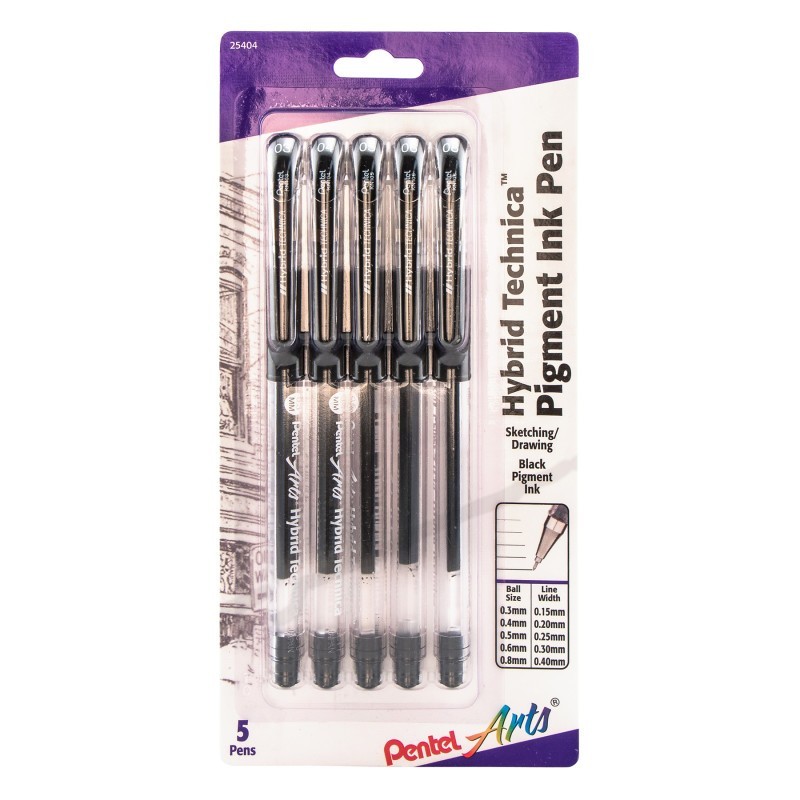 Pentel Arts Hybrid Technica Gel Pen, Assorted Tip Sizes (0.3, 0.4, 0.5, 0.6, 0.8), Black Ink, 5-Pack