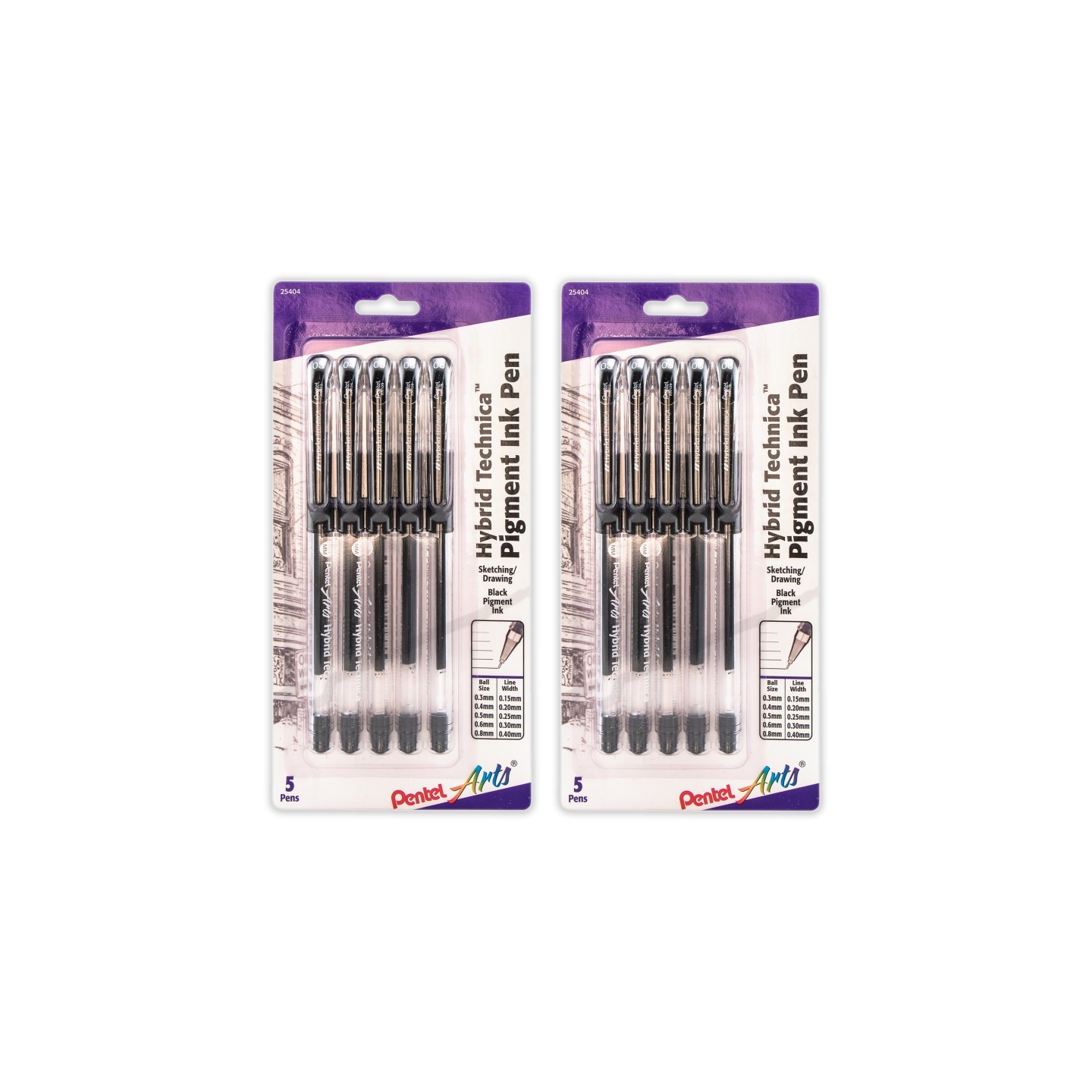 Pentel Arts Hybrid Technica Gel Pen, Assorted Tip Sizes (0.3, 0.4, 0.5, 0.6, 0.8), Black Ink, 5 Per Pack, 2 Packs