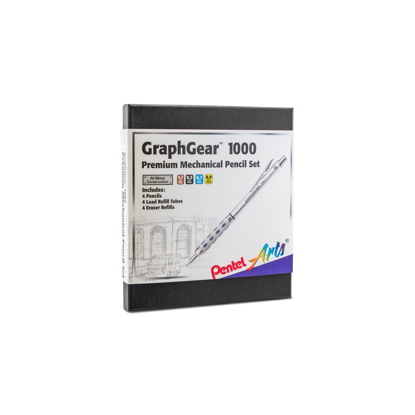 Pentel Arts GraphGear 1000 Premium Mechanical Pencil Set, 4 Assorted Lead Sizes, Refill Erasers, Assorted Gift Box Set