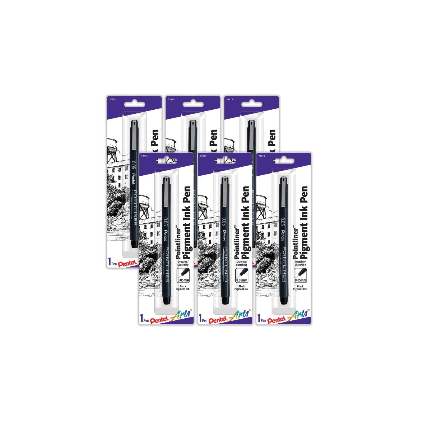 Pentel Arts Pointliner Pen, 0.05mm, Black Pigment Ink, Pack of 6