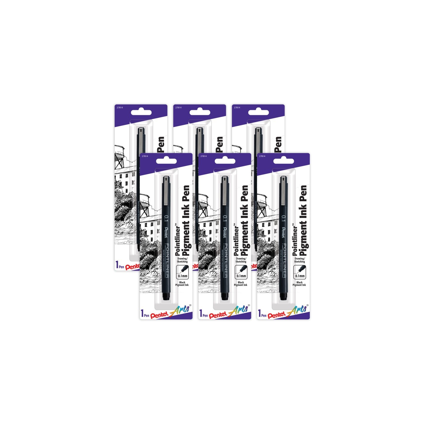 Pentel Arts Pointliner Pen, 0.1mm, Black Pigment Ink, Pack of 6