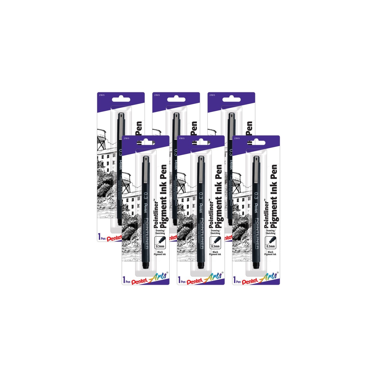 Pentel Arts Pointliner Pen, 0.3mm, Black Pigment Ink, Pack of 6
