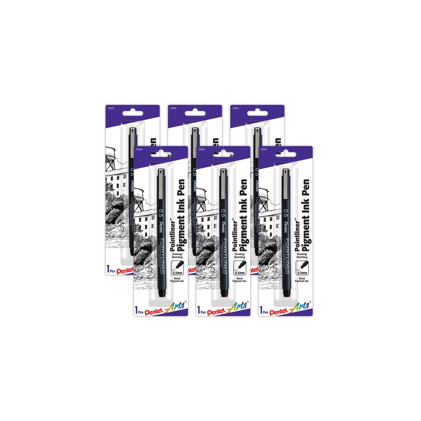 Pentel Arts Pointliner Pen, 0.5mm, Black Pigment Ink, Pack of 6