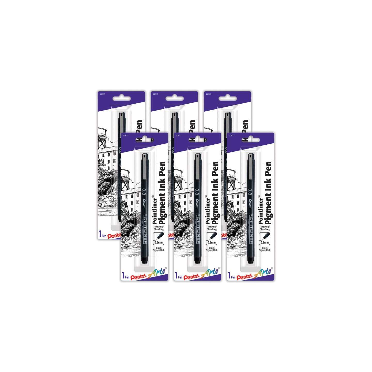 Pentel Arts Pointliner Pen, 0.8mm, Black Pigment Ink, Pack of 6