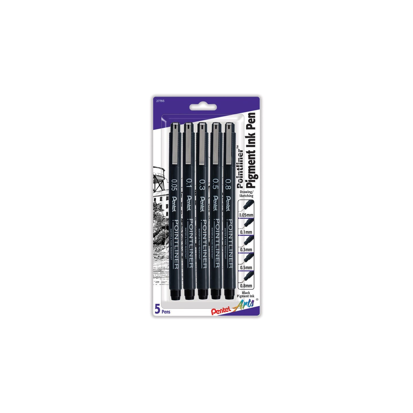 Pentel Arts Pointliner Pen, Assorted Sizes, Black Pigment Ink, 5-Pack