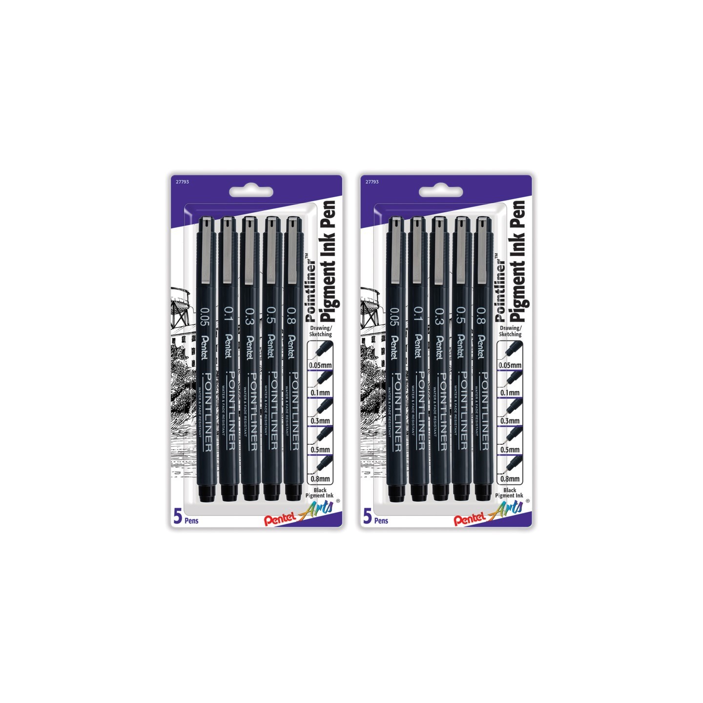 Pentel Arts Pointliner Pen, Assorted Sizes, Black Pigment Ink, 5 Per Set, 2 Sets